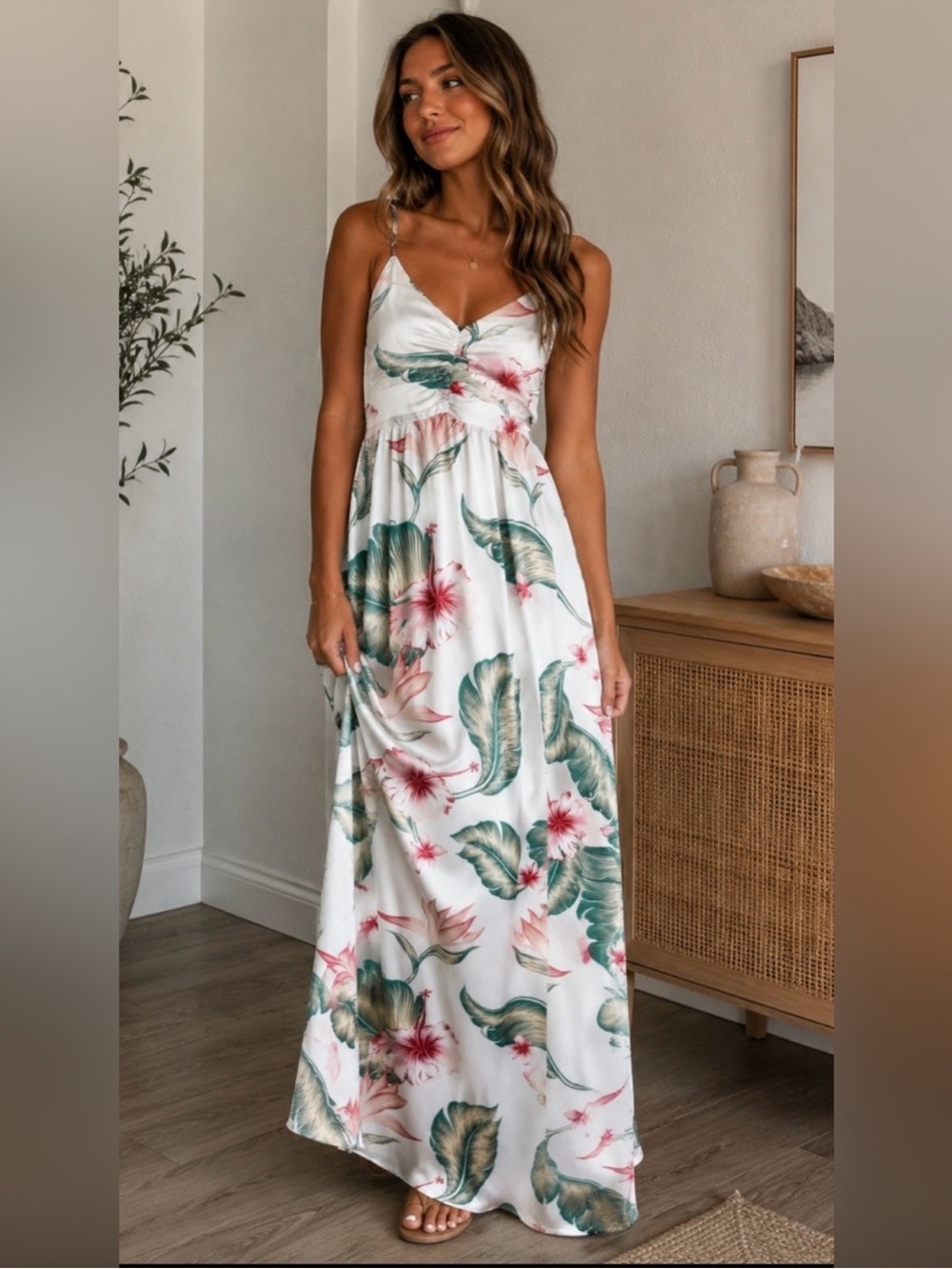 Roxy Large Small Hours Floral Maxi Dress Tropical Print Ruched Sun Dress